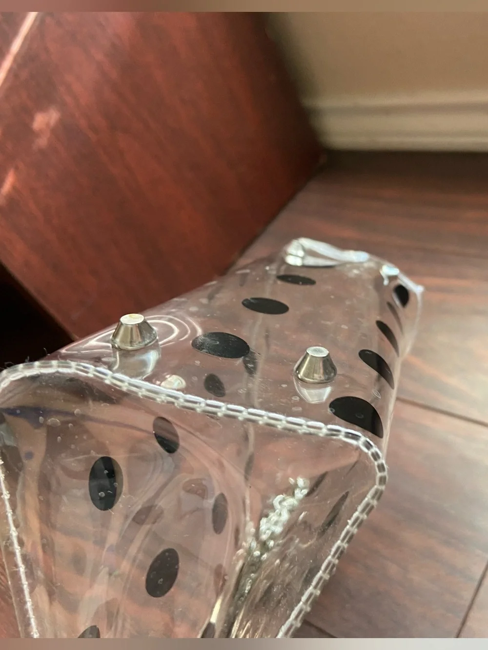 CLEAR SEE THROUGH HAND BAG BLACK POLKA DOTS ROCKABILLY